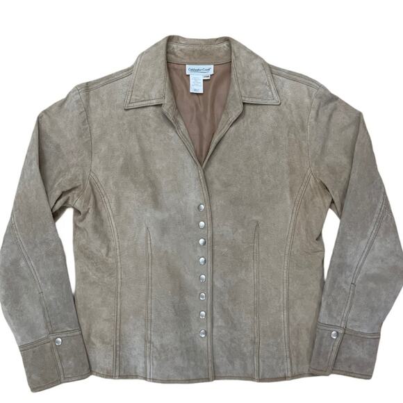 Coldwater Creek Jacket Size Petite Medium Tan Leather Blazer Snap Front - Picture 1 of 9